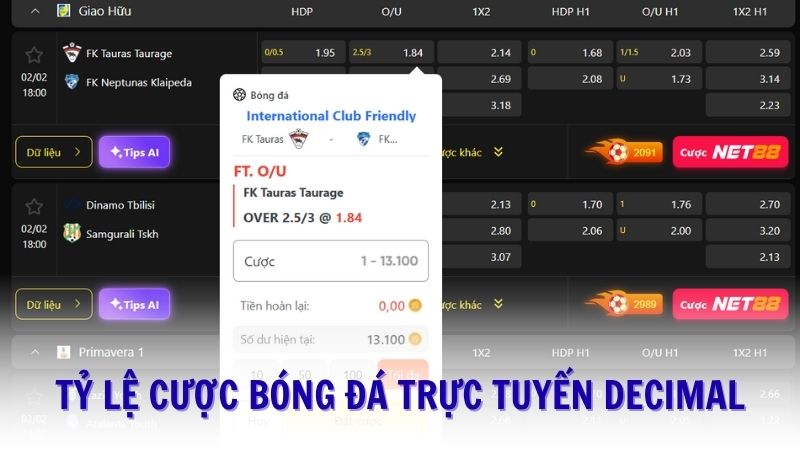 Tỷ lệ cược bóng đá trực tuyến Decimal